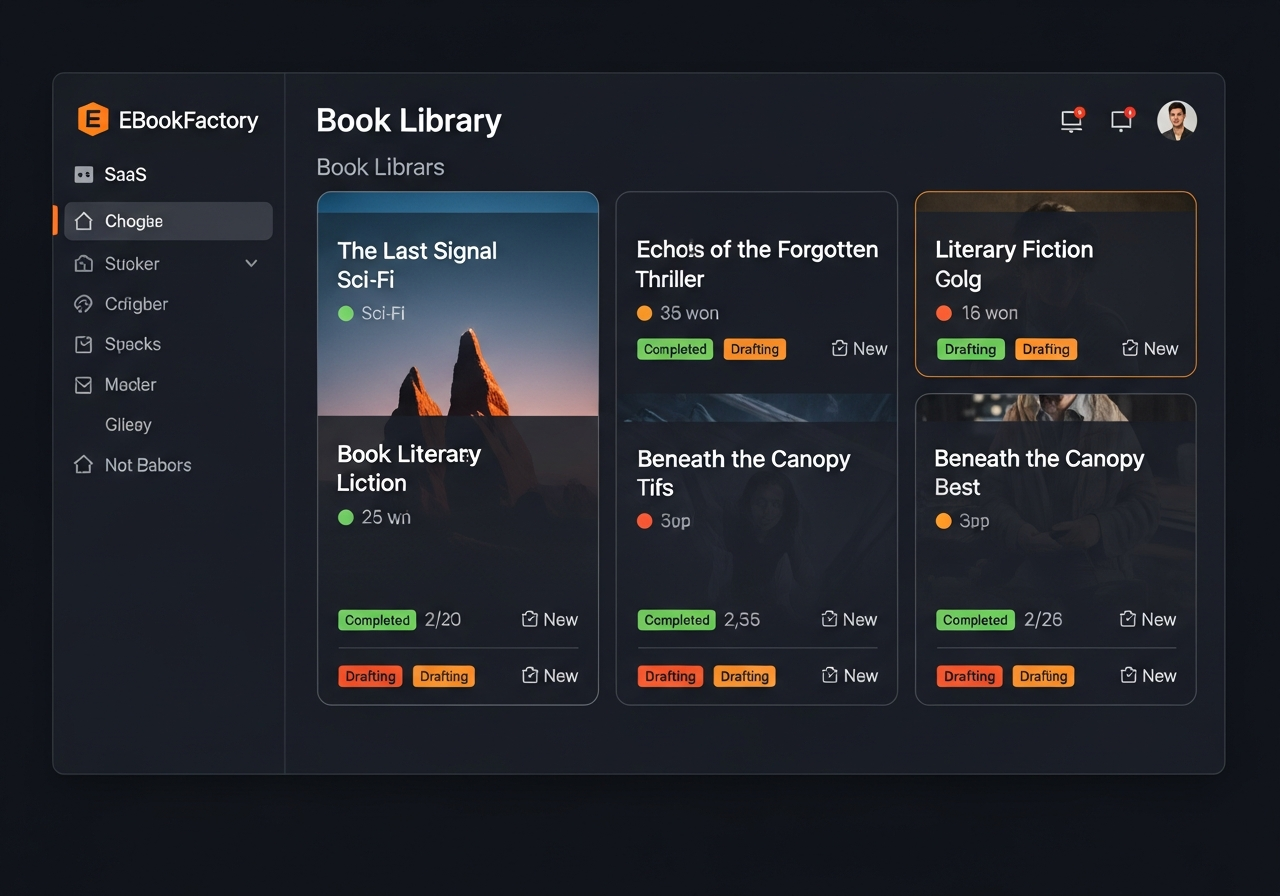 EBookFactory Books list showing completed manuscripts with status badges