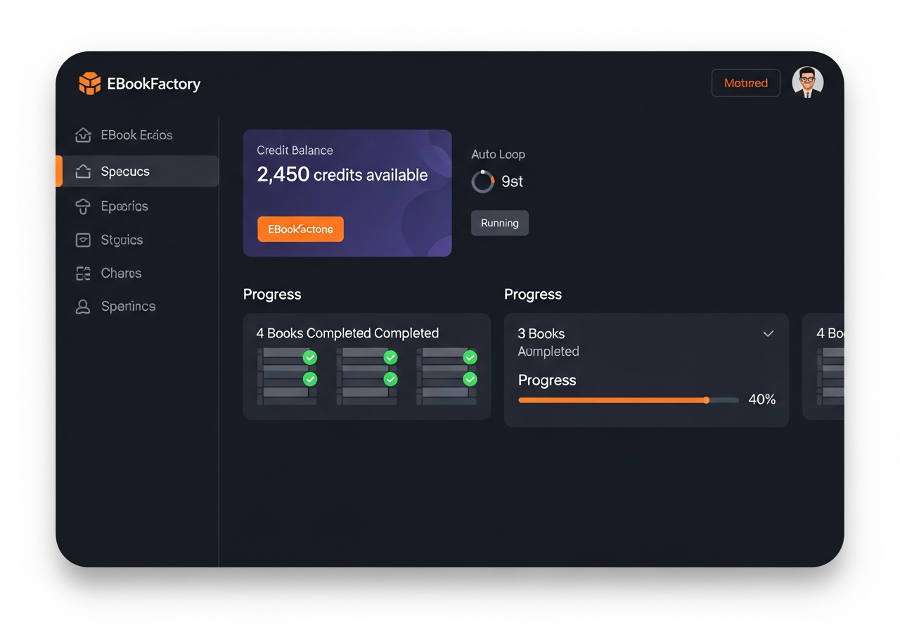 EBookFactory Dashboard showing credit balance, Auto Loop status, and generation progress